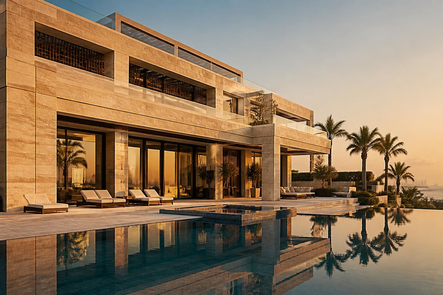 Luxury Dubai villa with natural stone facade at golden hour